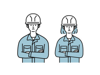 作業服を着て腕を組む男女