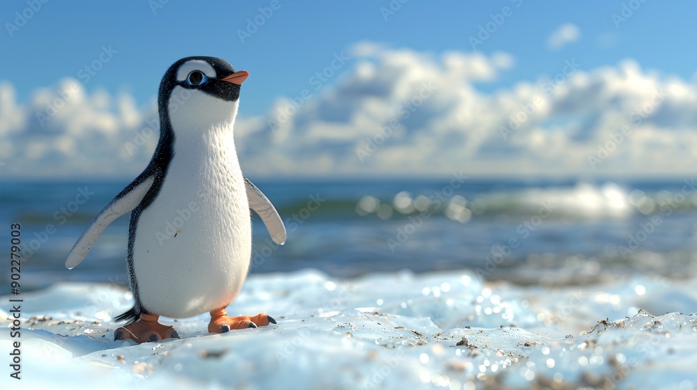 Aufkleber Dreamlike image of a penguin with flippers made from rubber gloves and industrial debris standing on an ice floe with significant empty space on the right side of the image Stock Photo with copy space
