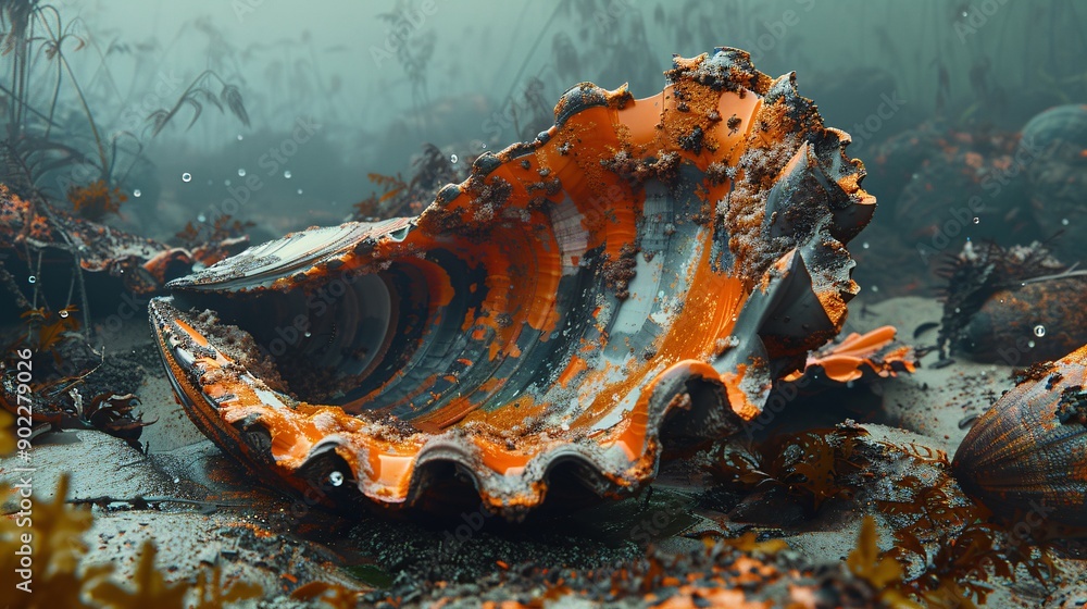 Aufkleber Surreal illustration of a clam with a shell formed from metal scraps and plastic waste in a contaminated underwater scene leaving ample empty space on the left side of the image Stock Photo with copy