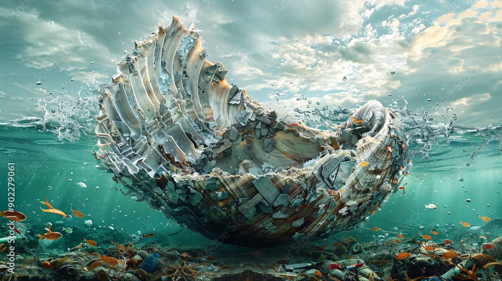 Aufkleber Surreal illustration of a clam with a shell formed from metal scraps and plastic waste in a contaminated underwater scene leaving ample empty space on the left side of the image Stock Photo with copy