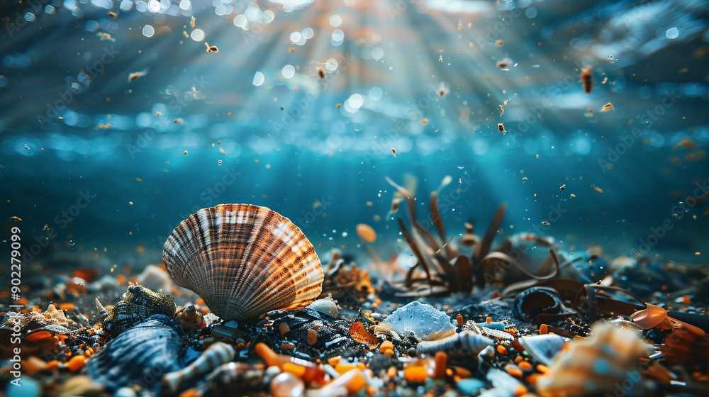 Poster Surreal illustration of a clam with a shell formed from metal scraps and plastic waste in a contaminated underwater scene leaving ample empty space on the left side of the image Stock Photo with copy
