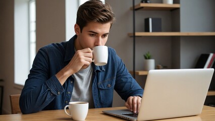 A young man works on his laptop while enjoying a cup of coffee 