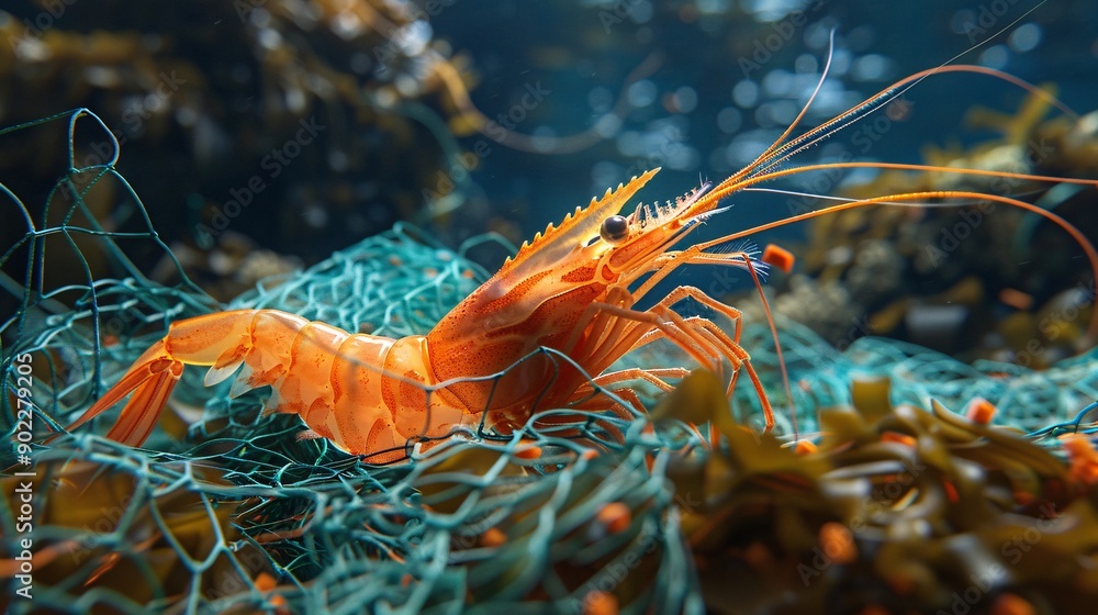 Poster high-detail capture of a shrimp constructed from tangled fishing nets and rubber tires floating thro