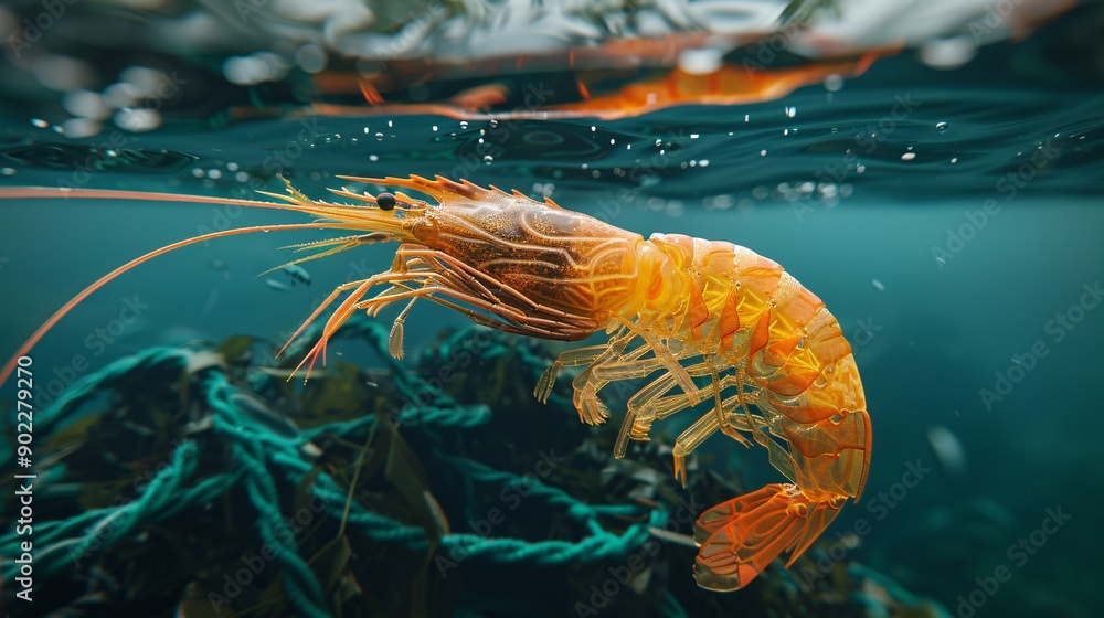 Poster high-detail capture of a shrimp constructed from tangled fishing nets and rubber tires floating thro