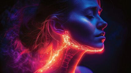 Obraz premium A woman's face is glowing with bright colors, giving the impression of a futuristic or sci-fi aesthetic