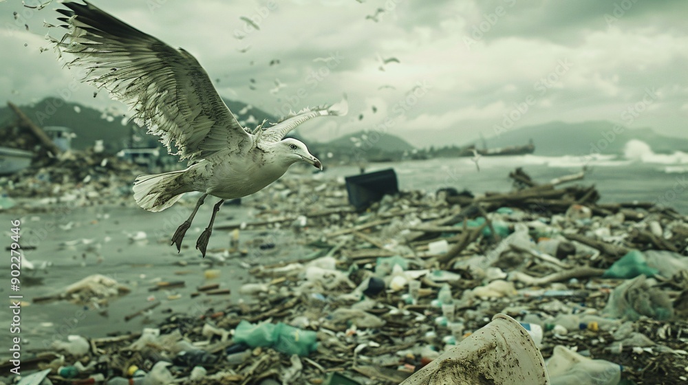 Aufkleber eerie scene of a seagull with feathers made from plastic bags and chemical waste flying over a pollu