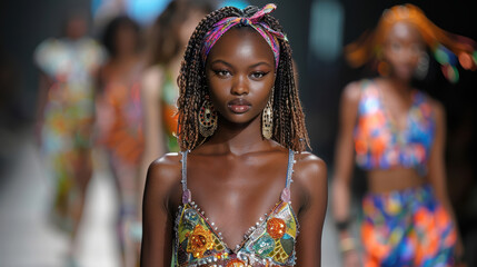 A woman wearing a colorful outfit is walking down a runway. The other women in the background are also wearing colorful outfits. Scene is vibrant and lively, showcasing the colorful