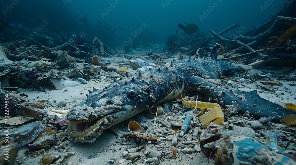 Poster detailed image of a sea cucumber composed of metal scraps and plastic fragments in a haunting underw