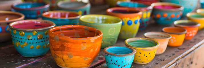 Painted pottery displayed on craft table