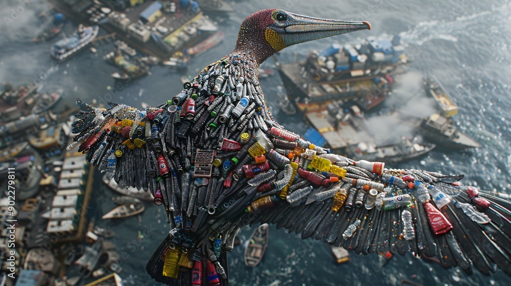 Poster high-resolution depiction of a pelican with a beak made from discarded cans and plastic waste flying
