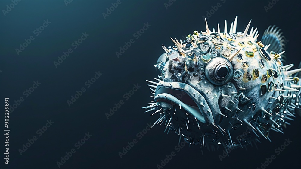 Poster Surrealistic image of a pufferfish with spines made from broken glass and metal debris floating in a polluted ocean with significant empty space on the right side of the image Stock Photo with copy
