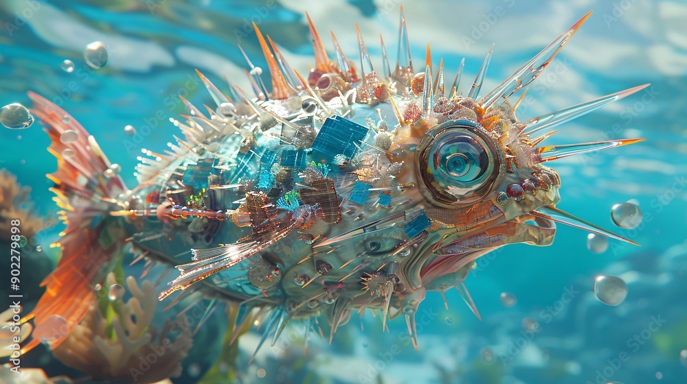 Aufkleber Surrealistic image of a pufferfish with spines made from broken glass and metal debris floating in a polluted ocean with significant empty space on the right side of the image Stock Photo with copy