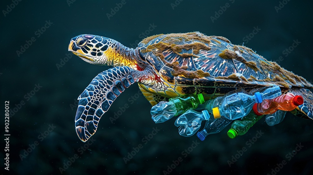 Poster detailed depiction of a sea turtle with flippers constructed from plastic bottles and chemical waste