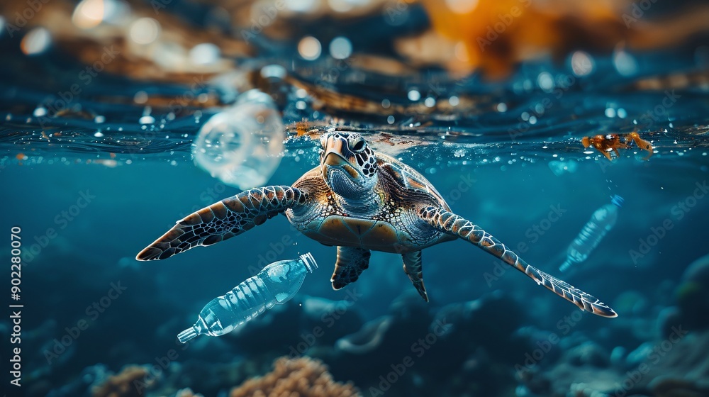 Aufkleber detailed depiction of a sea turtle with flippers constructed from plastic bottles and chemical waste