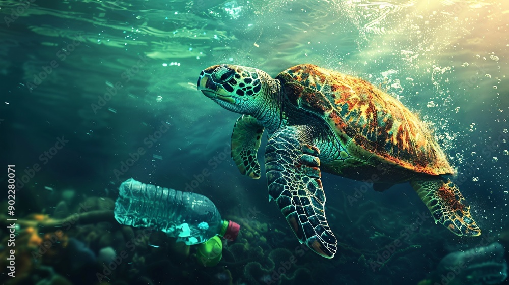 Poster Detailed depiction of a sea turtle with flippers constructed from plastic bottles and chemical waste swimming in a dark underwater environment leaving ample empty space on the left side of the image