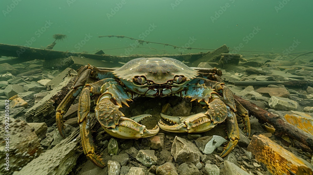 Aufkleber High-resolution shot of a crab with claws made from metal scraps and industrial runoff crawling on a polluted seabed ensuring significant empty space around the edges Stock Photo with copy space