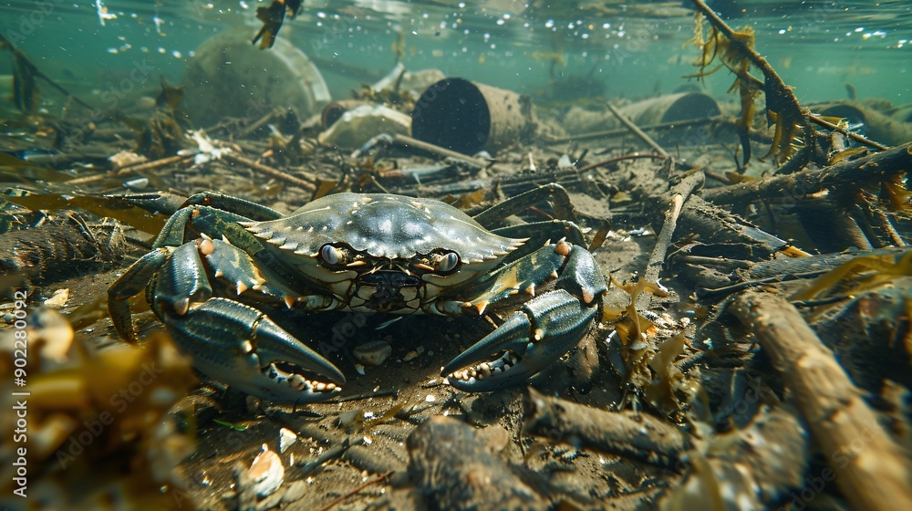 Poster High-resolution shot of a crab with claws made from metal scraps and industrial runoff crawling on a polluted seabed ensuring significant empty space around the edges Stock Photo with copy space