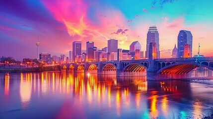 Fototapeta premium Vibrant Sunset Over a Cityscape with a Bridge and River