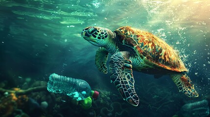Obraz premium Detailed depiction of a sea turtle with flippers constructed from plastic bottles and chemical waste swimming in a dark underwater environment leaving ample empty space on the left side of the image