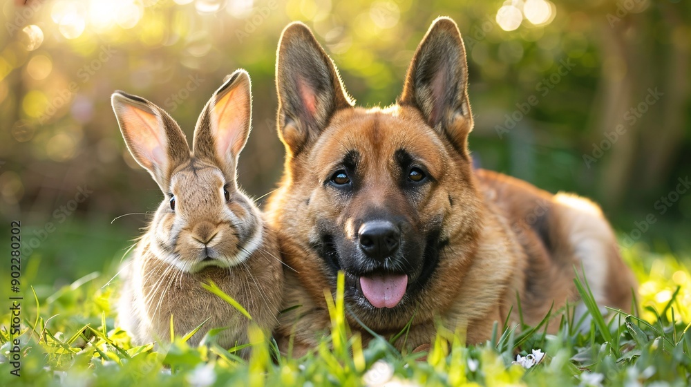 Poster High-detail capture of a dog and a rabbit playing together in a garden leaving ample empty space on the left side of the image Stock Photo with copy space