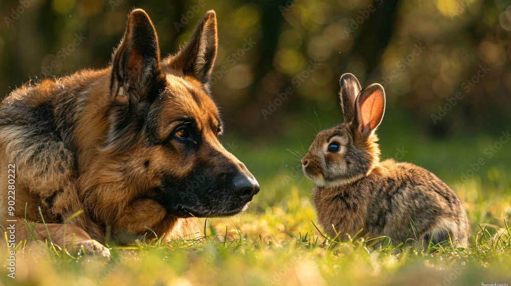 Poster High-detail capture of a dog and a rabbit playing together in a garden leaving ample empty space on the left side of the image Stock Photo with copy space