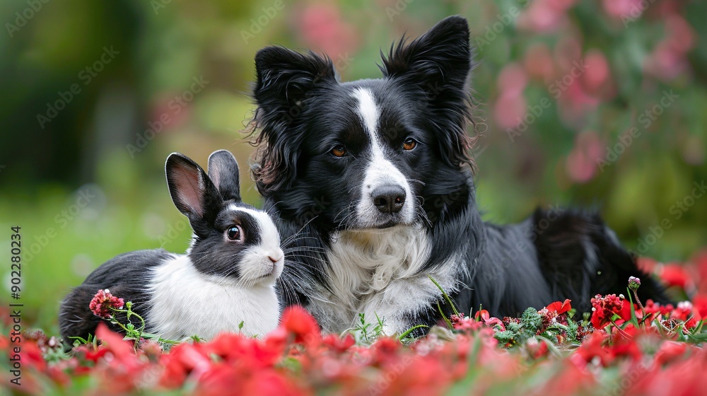 Poster High-detail capture of a dog and a rabbit playing together in a garden leaving ample empty space on the left side of the image Stock Photo with copy space