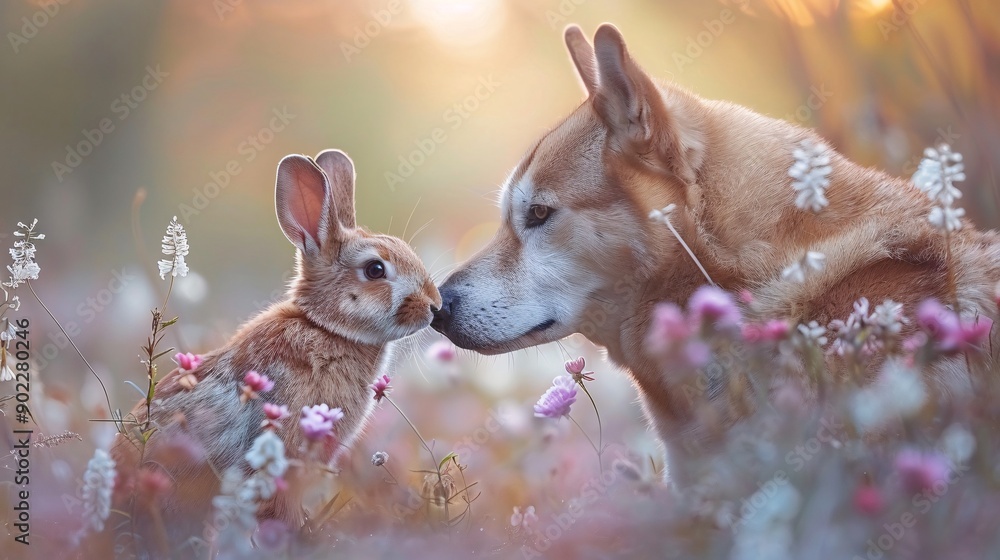 Poster High-detail capture of a dog and a rabbit playing together in a garden leaving ample empty space on the left side of the image Stock Photo with copy space