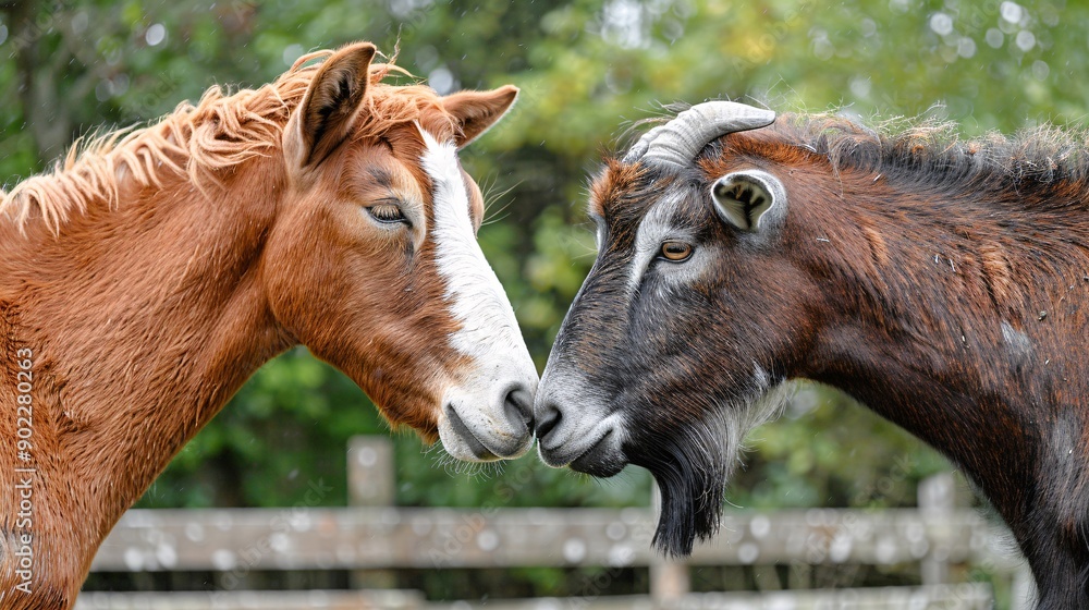 Poster unlikely friendship between a horse and a goat with the animals standing close to each other ensurin
