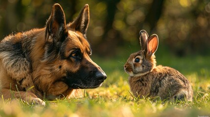 High-detail capture of a dog and a rabbit playing together in a garden leaving ample empty space on the left side of the image Stock Photo with copy space
