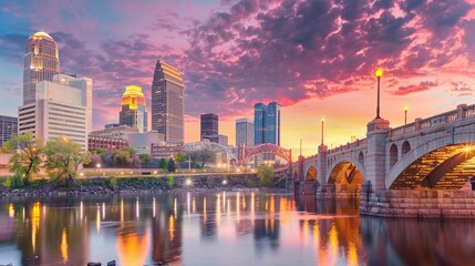 City Skyline with Bridge at Sunset Over Water