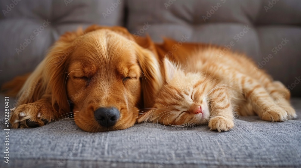 Aufkleber Dog and kitten sharing a nap on a comfortable couch ensuring the subjects are centered with significant empty space around the edges Stock Photo with copy space