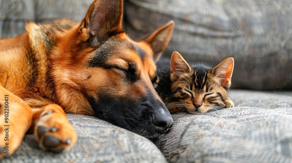 Aufkleber Dog and kitten sharing a nap on a comfortable couch ensuring the subjects are centered with significant empty space around the edges Stock Photo with copy space