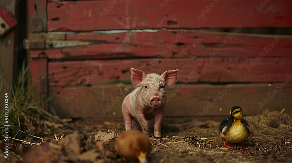 Aufkleber Unlikely bond between a piglet and a duckling playing in a barnyard with significant empty space on the right side of the image Stock Photo with copy space