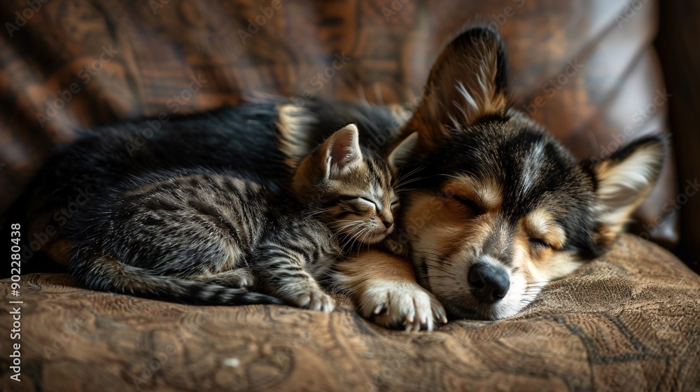 Poster Dog and kitten sharing a nap on a comfortable couch ensuring the subjects are centered with significant empty space around the edges Stock Photo with copy space