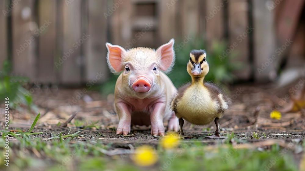 Poster Unlikely bond between a piglet and a duckling playing in a barnyard with significant empty space on the right side of the image Stock Photo with copy space