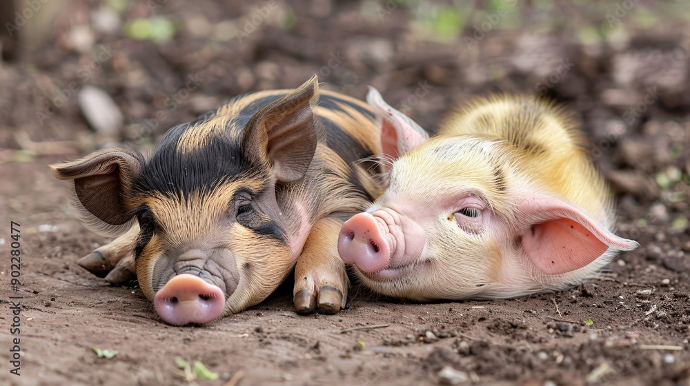 Aufkleber Unlikely bond between a piglet and a duckling playing in a barnyard with significant empty space on the right side of the image Stock Photo with copy space