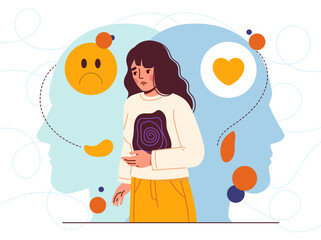 Woman with emptiness. Sad young girl with feelings and emotions. Psychological trauma and mental problems. Depression and melancholy. Flat vector illustration isolated on white background