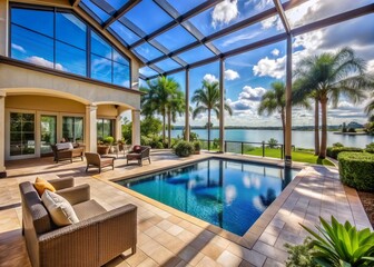 Fototapeta premium Luxurious Florida mansion features a spacious lanai patio overlooking the serene waterfront, complete with a screened-in pool and beautifully landscaped exterior home design.