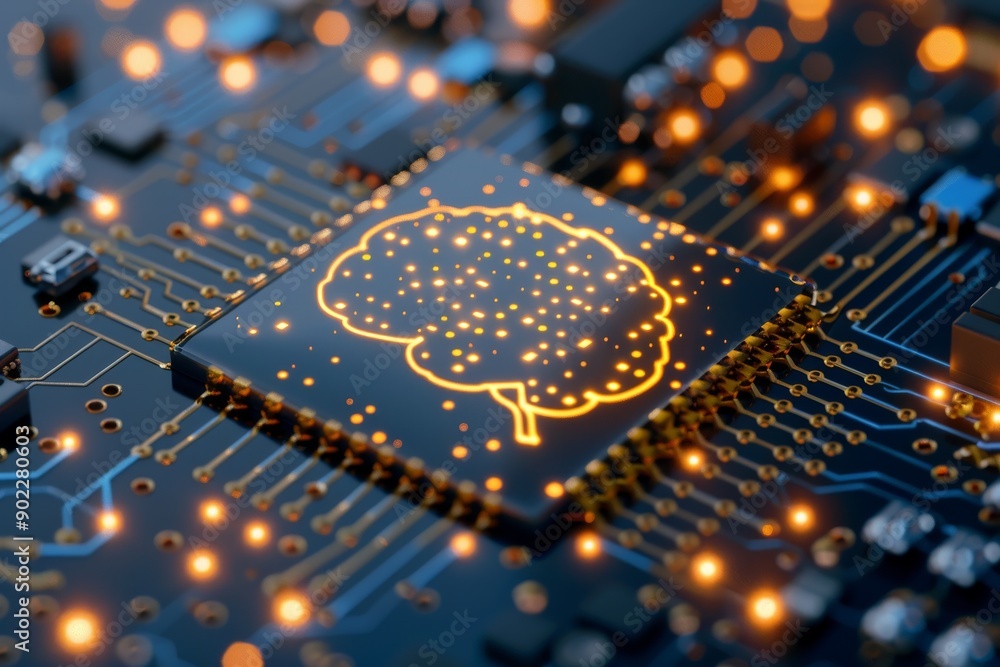Poster glowing neural brain model in high tech digital circuit environment