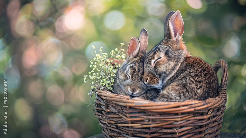 Aufkleber Detailed shot of a rabbit and a kitten cuddling in a basket with significant empty space on the right side of the image Stock Photo with copy space