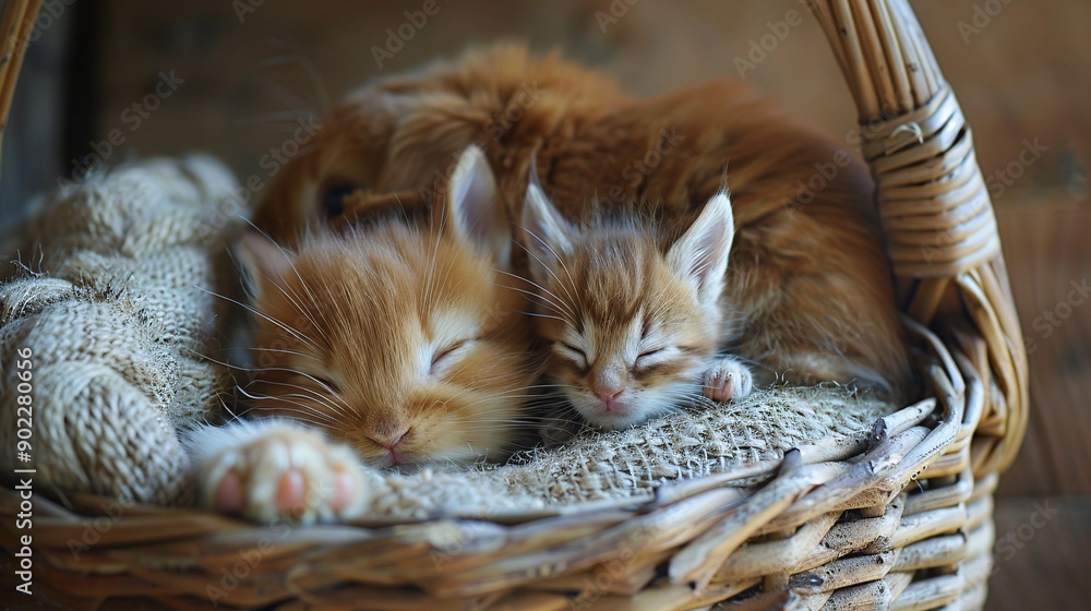 Poster Detailed shot of a rabbit and a kitten cuddling in a basket with significant empty space on the right side of the image Stock Photo with copy space