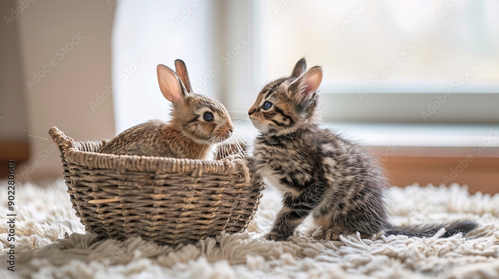 Aufkleber Detailed shot of a rabbit and a kitten cuddling in a basket with significant empty space on the right side of the image Stock Photo with copy space
