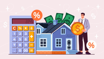 Man with mortgage. Young guy with gold coin and banknotes near house and calculator. Real estate and private property deals. Financial literacy and budgeting. Flat vector illustration