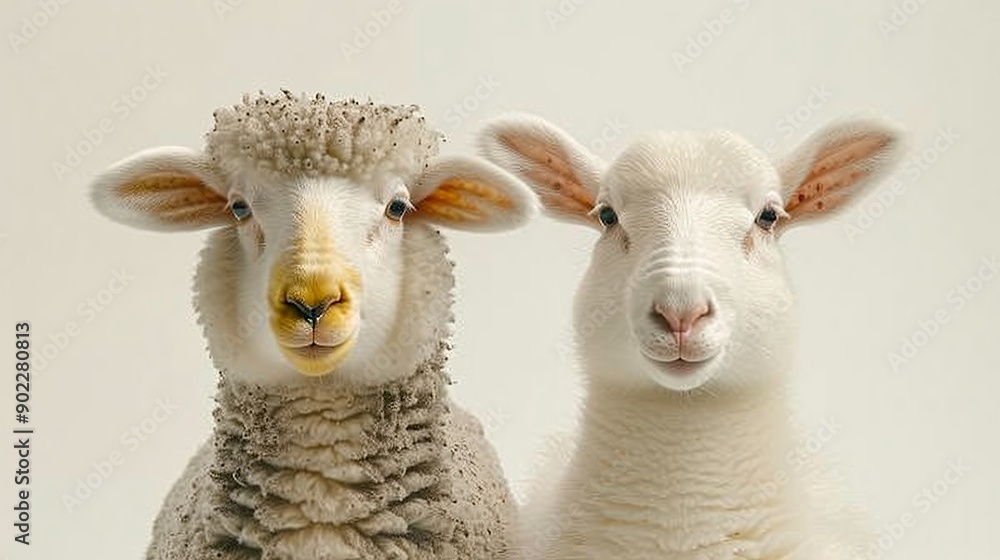 Aufkleber Unlikely friendship between a sheep and a duck sharing a meal in a meadow leaving ample empty space on the left side of the image Stock Photo with copy space
