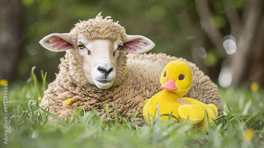 Aufkleber Unlikely friendship between a sheep and a duck sharing a meal in a meadow leaving ample empty space on the left side of the image Stock Photo with copy space