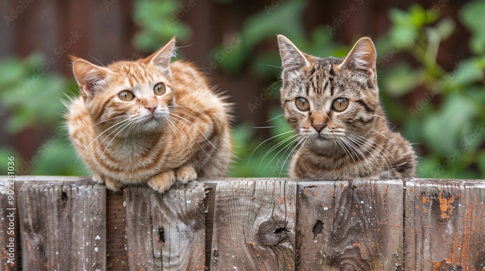Poster cat and bird sitting peacefully together on a fence ensuring the subjects are centered with signific
