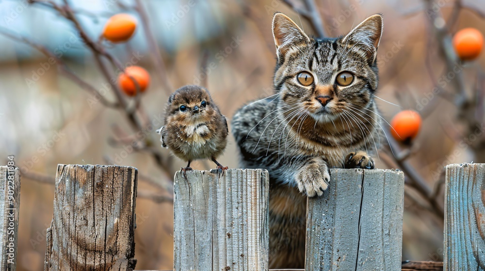 Aufkleber Cat and bird sitting peacefully together on a fence ensuring the subjects are centered with significant empty space around the edges Stock Photo with copy space