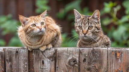 Cat and bird sitting peacefully together on a fence ensuring the subjects are centered with significant empty space around the edges Stock Photo with copy space