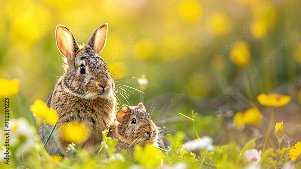 Poster High-resolution shot of a rabbit resting beside a guinea pig in a garden with significant empty space on the right side of the image Stock Photo with copy space