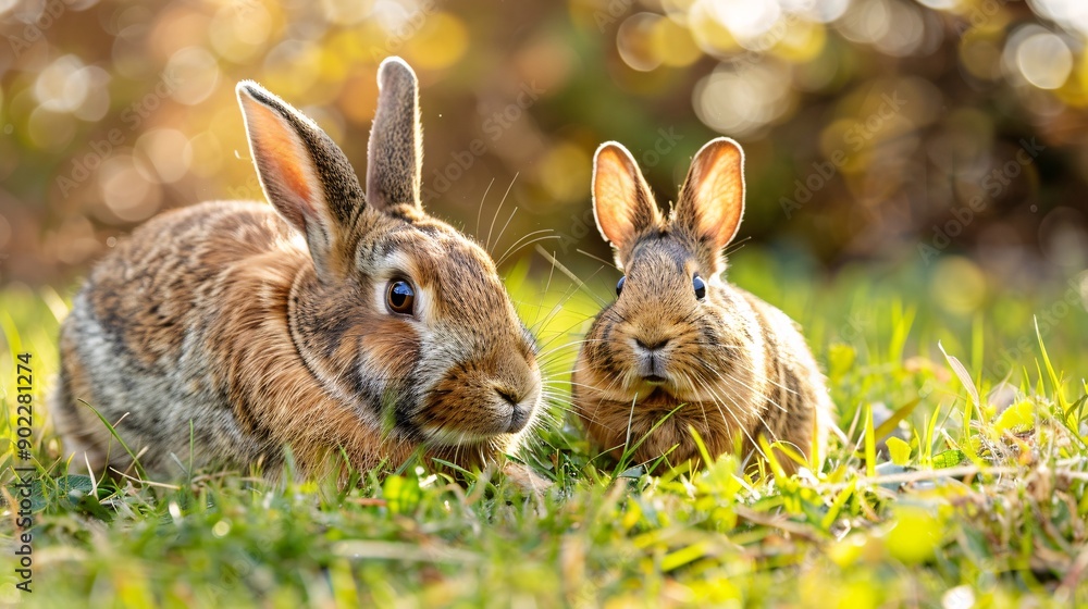 Poster High-resolution shot of a rabbit resting beside a guinea pig in a garden with significant empty space on the right side of the image Stock Photo with copy space